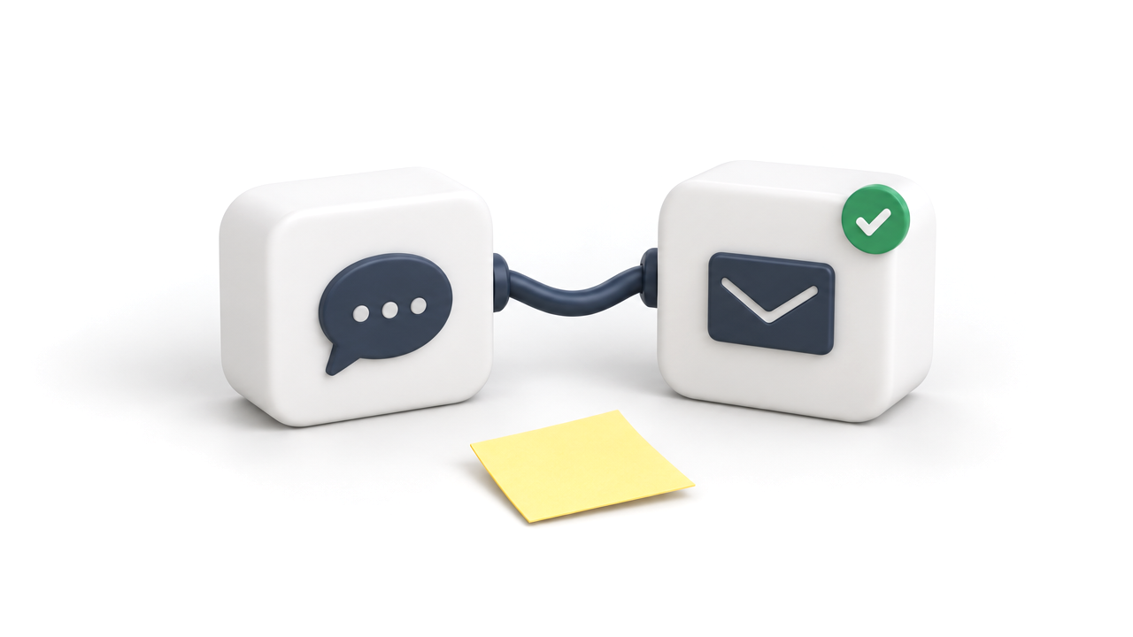 Twee witte blokken met een chatballon en een envelop, verbonden door een kabel, met een gele sticky note ervoor.