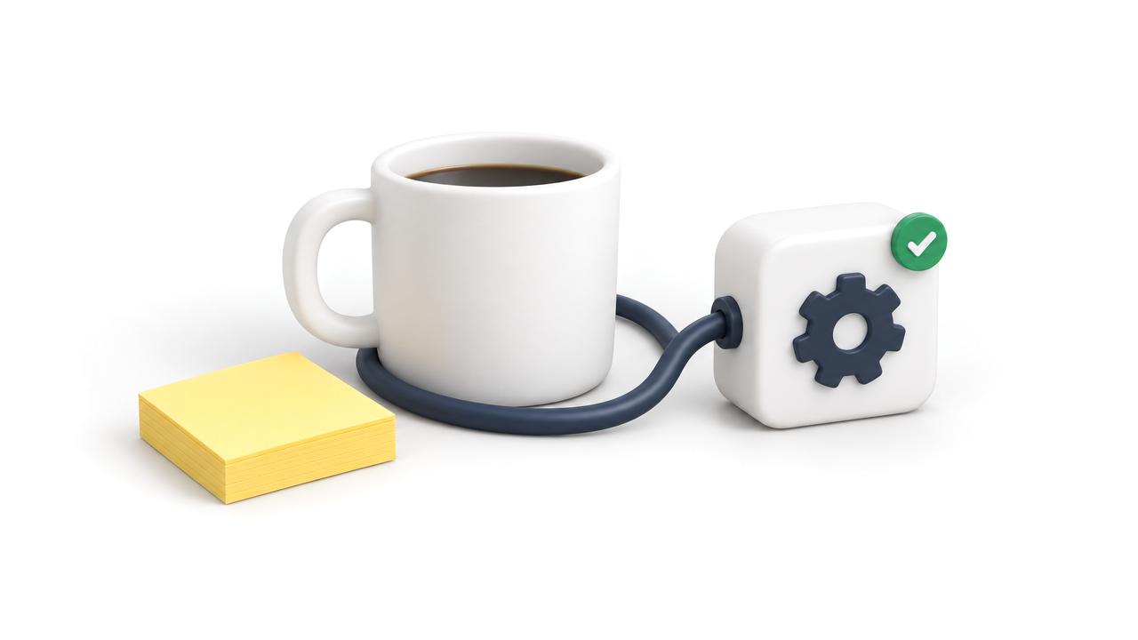 Een kop koffie, een stapel gele sticky notes en een wit blok met een tandwiel, met een kabel om de mok.