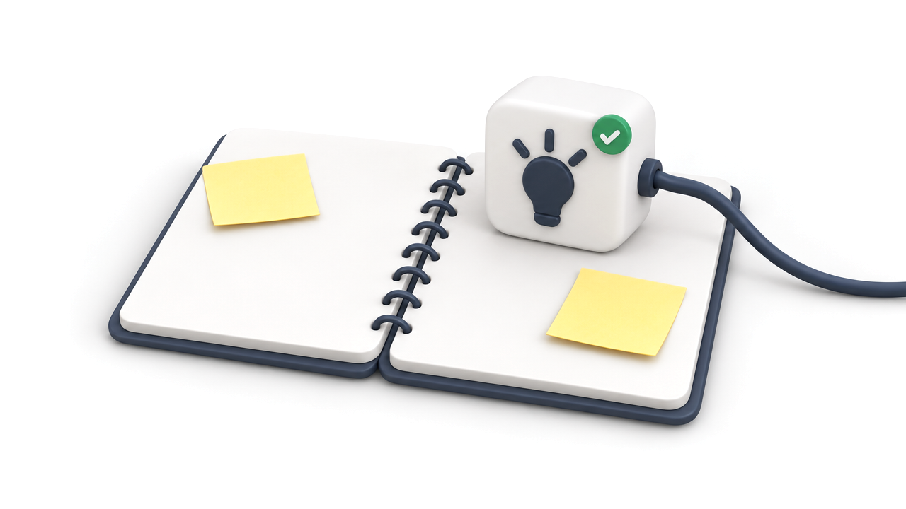 Een opengeslagen notitieboek met twee gele sticky notes en een wit blok met een lampje, aangesloten op een kabel.