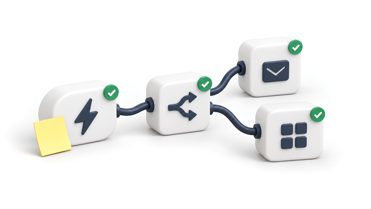 Een vertakte workflow van witte blokken: een trigger, een splitsing en twee eindpunten, allemaal met een groen vinkje.